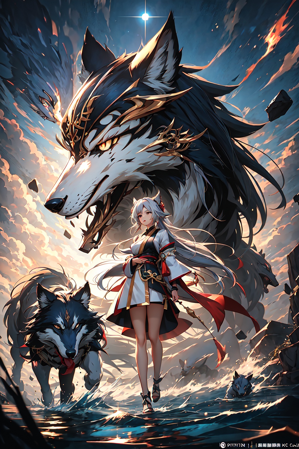  Best quality, 8k, cg, anime girl with a wolf and a demon in the background, by Yang J, keqing from genshin impact, anime fantasy illustration, from arknights, trending on artstation pixiv, detailed digital anime art, genshin, granblue fantasy, by Shitao, anime fantasy artwork, fanart best artstation, 2. 5 d cgi anime fantasy artwork