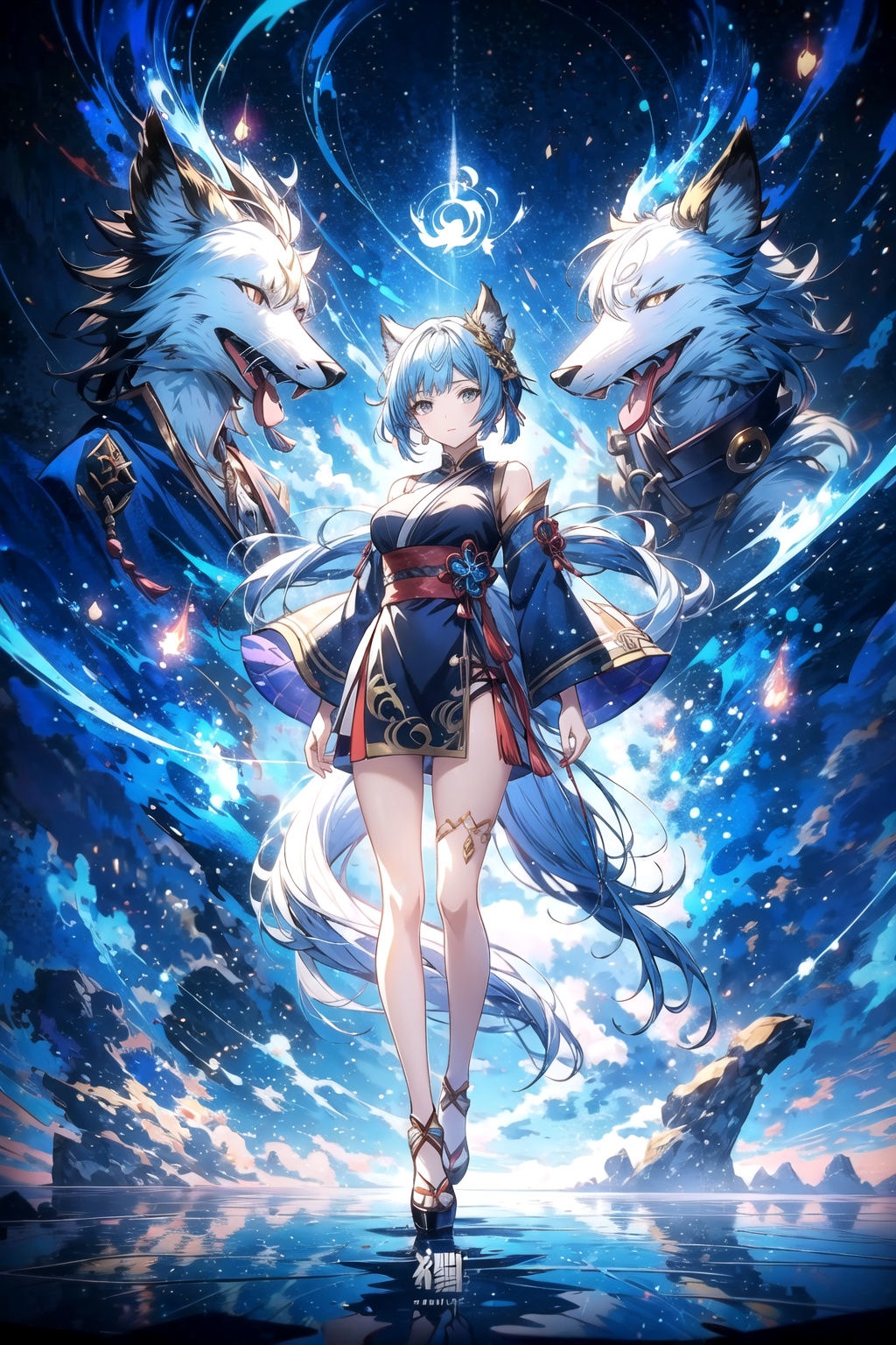  Best quality, 8k, cg, anime girl with a wolf and a demon in the background, by Yang J, keqing from genshin impact, anime fantasy illustration, from arknights, trending on artstation pixiv, detailed digital anime art, genshin, granblue fantasy, by Shitao, anime fantasy artwork, fanart best artstation, 2. 5 d cgi anime fantasy artwork