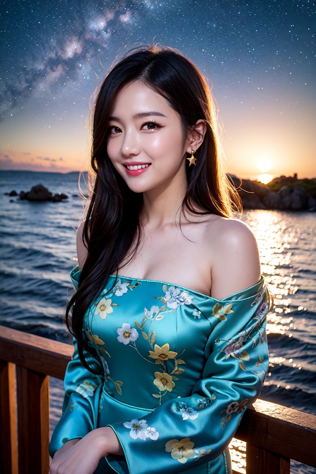 Wearing a cheongsam,  off the shoulder,  long haired and smiling beauty,  at night,  by the sea,  starry sky,  with delicate facial features