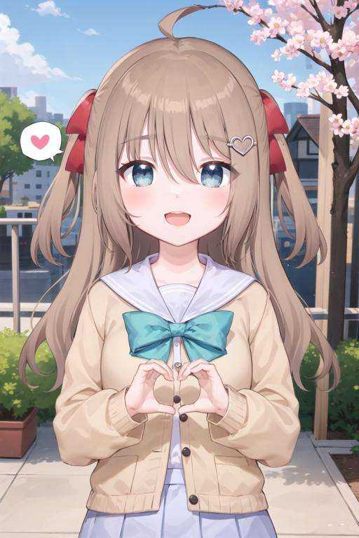 (masterpiece), (ultra-detailed), best quality, 8k, 1girl, neuro-sama, solo, looking at viewer, standing, looking at viewer, portrait, brown cardigan, bowtie, sailor collar, ahoge, cherry blossoms, blue eyes, sky, outdoors, smile, heart hair ornament, two side up, (heart hands:1.2), blue skirt, white shirt, serafuku, open mouth, (spoken heart:1.4)    <lora:NeuroTEST-000160:0.55>      