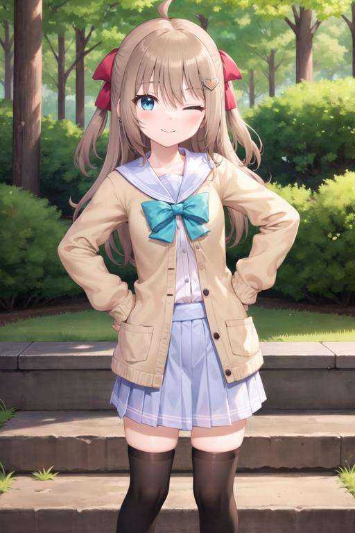 (masterpiece), (ultra-detailed), best quality, 8k, neuro-sama, 1girl, solo,  ahoge, sailor collar, brown cardigan, open cardigan, hair ribbon, looking at viewer, smile, one eye closed, blue eyes, heart hair ornament,  upper body, white shirt, blue skirt, outdoors, forest, thighhighs, hands on hips,   <lora:NeuroTEST-000160:0.5>      