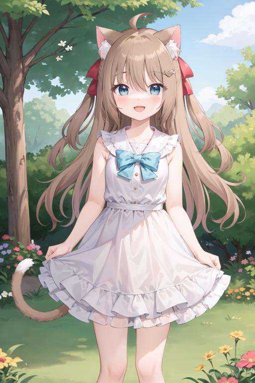 (masterpiece), (ultra-detailed), best quality, 8k, 1girl, solo, neurocat, cat tail, tail bow, looking at viewer, standing, looking at viewer, sundress, meadow, ahoge, hair ribbon, blue eyes, flower field, tree, nature, heart hair ornament, open mouth, smile,    <lora:NeuroTEST-000160:0.5>      
