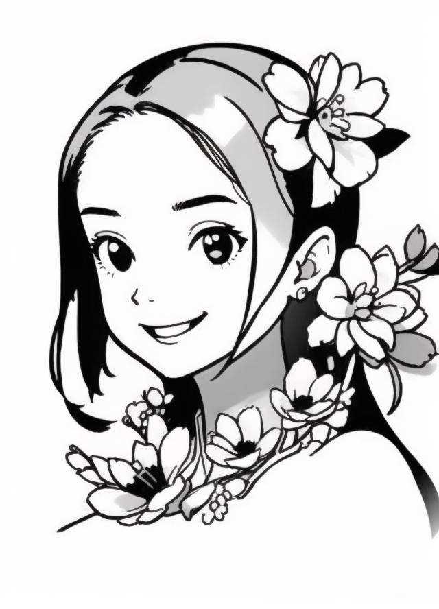 <lora:简约黑白头像_极简风头像_v1.0:1>, 1girl,flowers,grin,xiaopi,greyscale, portrait, 