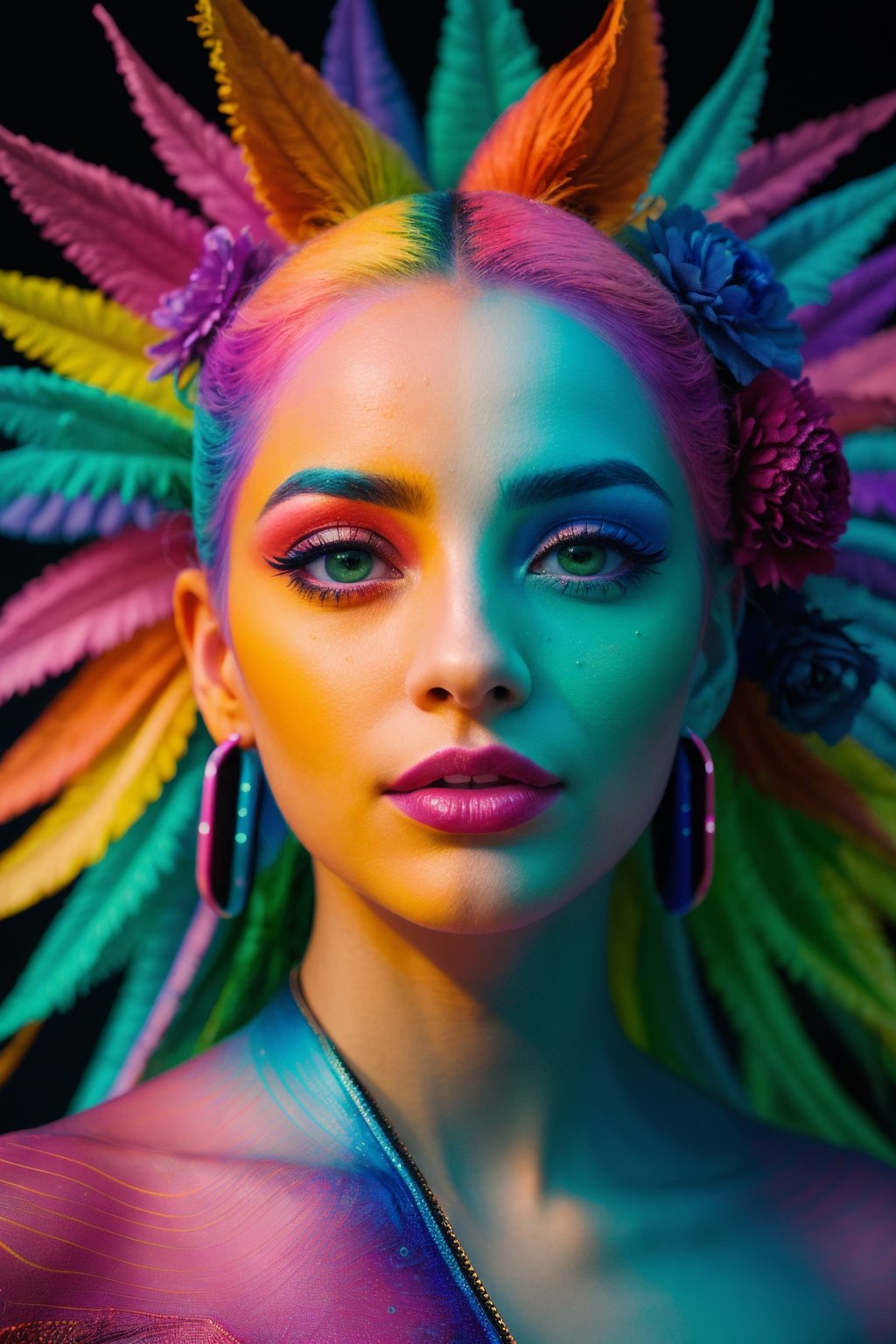 An extraordinary 8K photograph that transports a woman into a surreal,  dreamlike world of vibrant colors and dramatic lig...