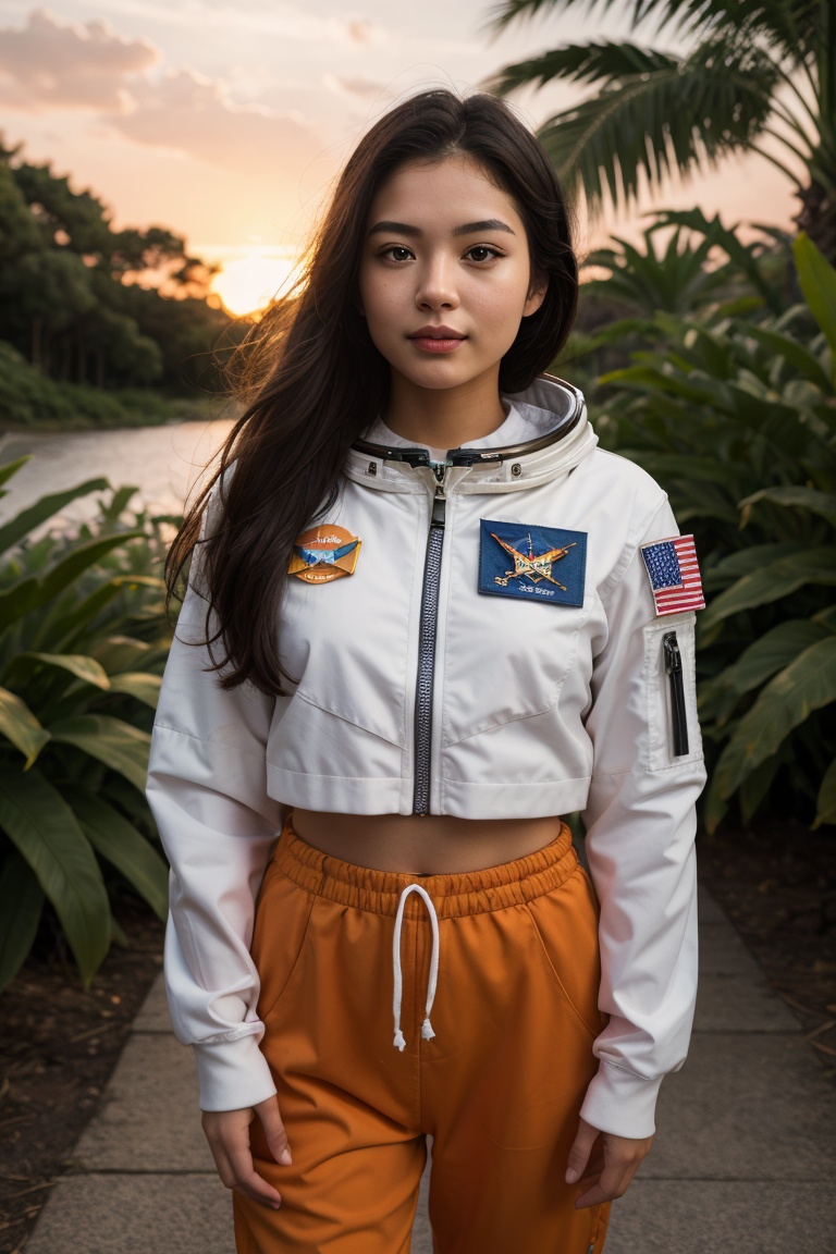 An astronaut in an orange astronaut outfit,  standing against a sunset background. The astronaut is positioned front facin...
