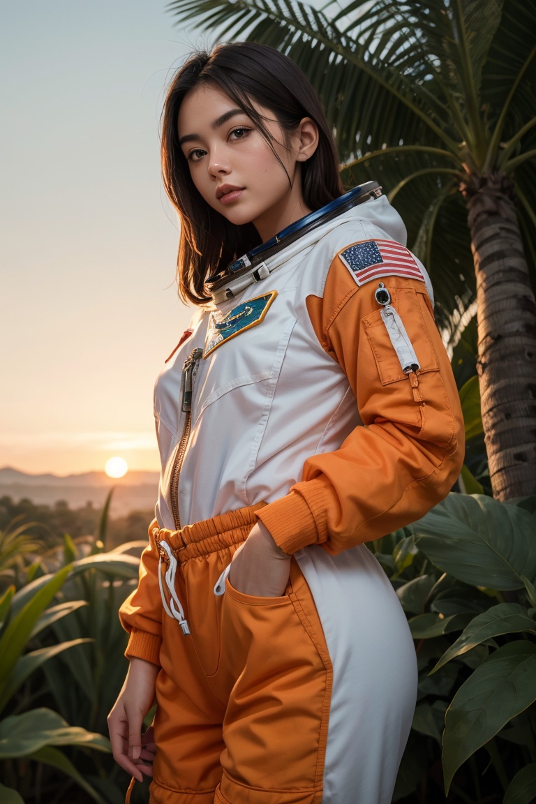 An astronaut in an orange astronaut outfit,  standing against a sunset background. The astronaut is positioned front facin...