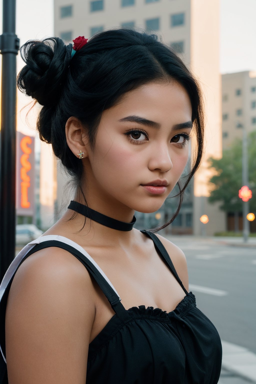 Experience the beauty of a high school girl with brown-black hair and fair skin,  her black eyes reflecting confidence and...