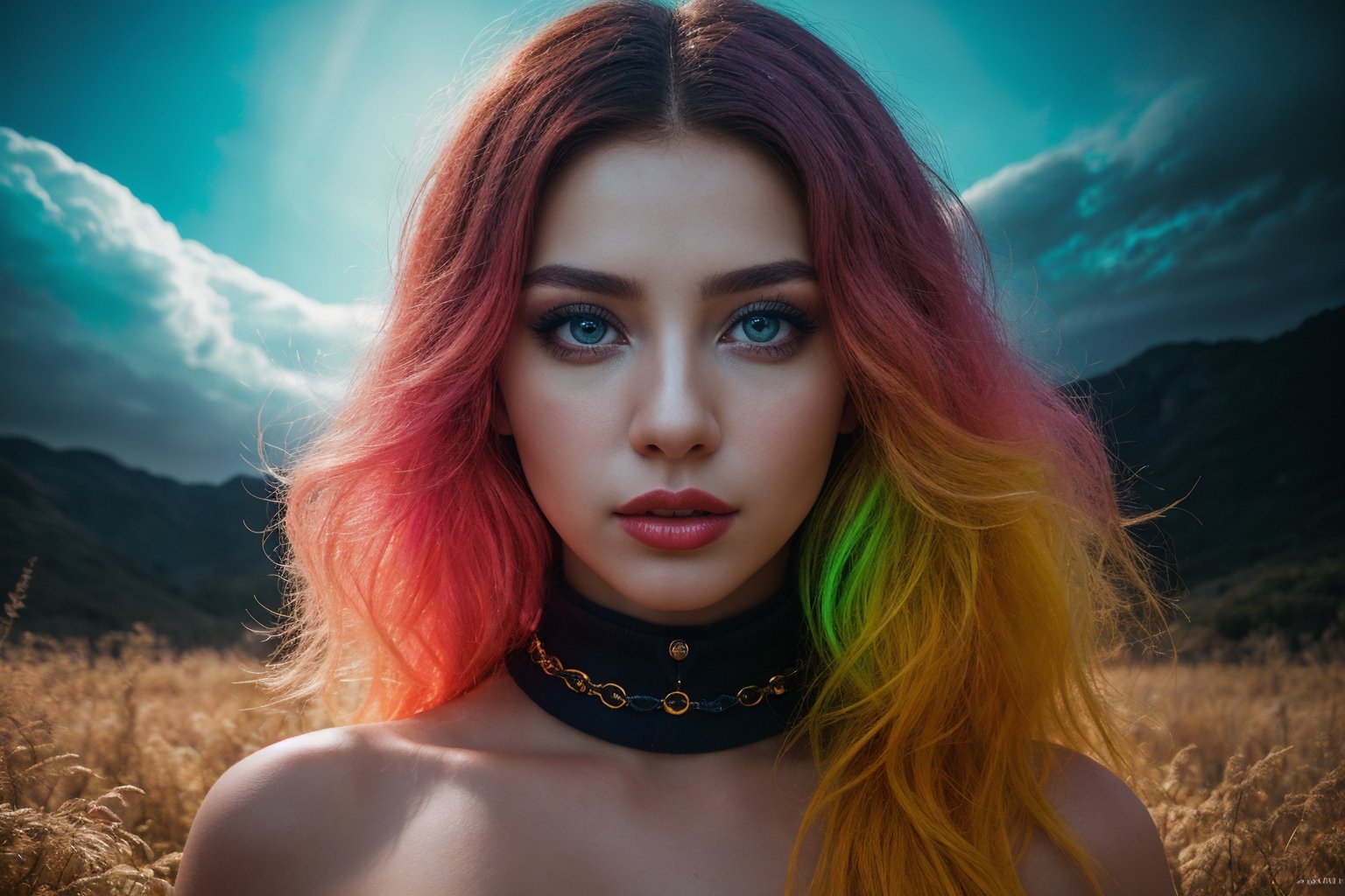An extraordinary 8K photograph that transports a woman into a surreal,  dreamlike world of vibrant colors and dramatic lig...