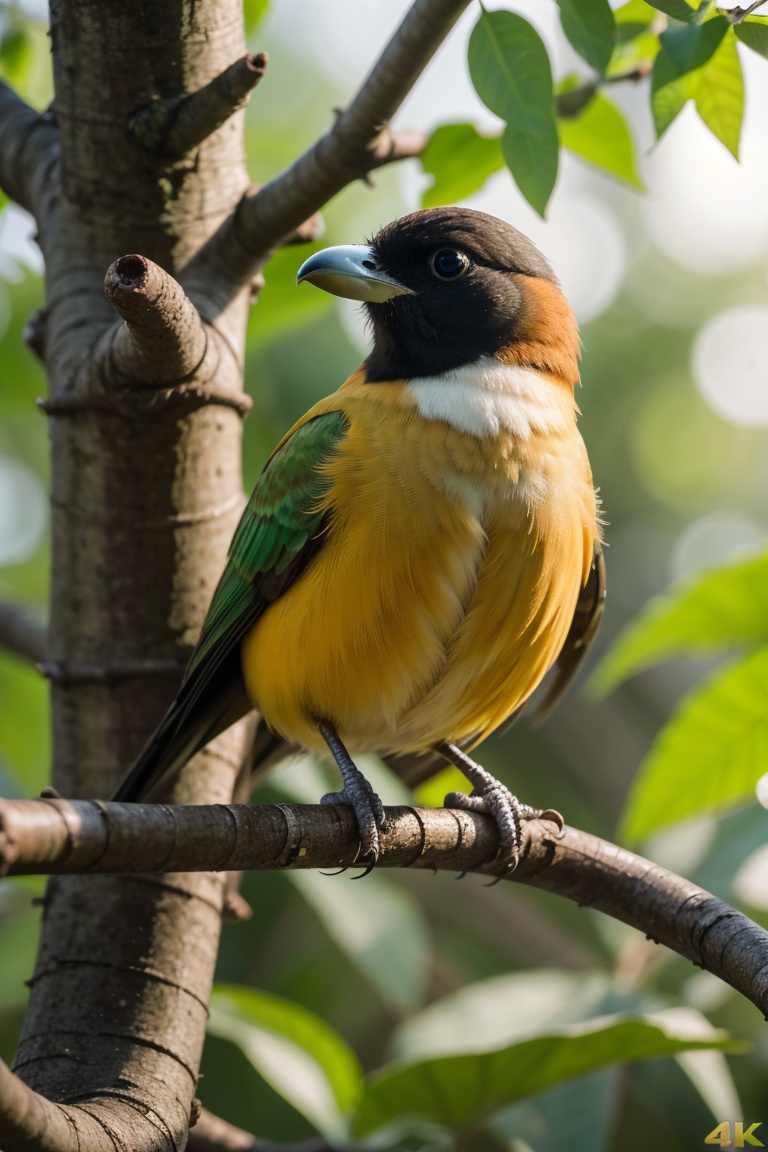 a colorful bird sitting on a tree branch,  capturing the intricate details with macro photography,  vibrant colors and the...