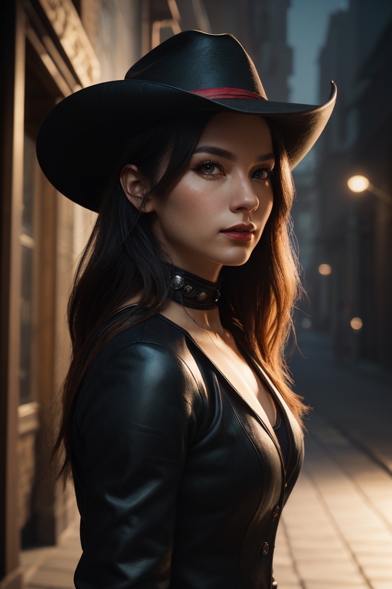(Create an extraordinary 3D rendering) of a ((female gunslinger)) donned in a captivating mix of ((red and black cowboy ou...