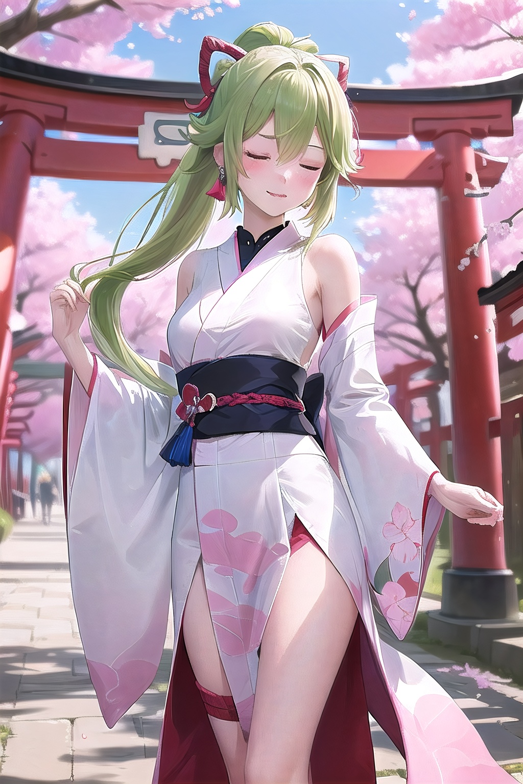  kukishinobudef, gentlewoman, dressed, (white pink long kimono:1.2), (falling cherry blossoms), shy, blush, (waist-length long straight bang hair:1.8), no mask, standing, torii, bow, closed eyes, (small breast),masterpiece,best_quality