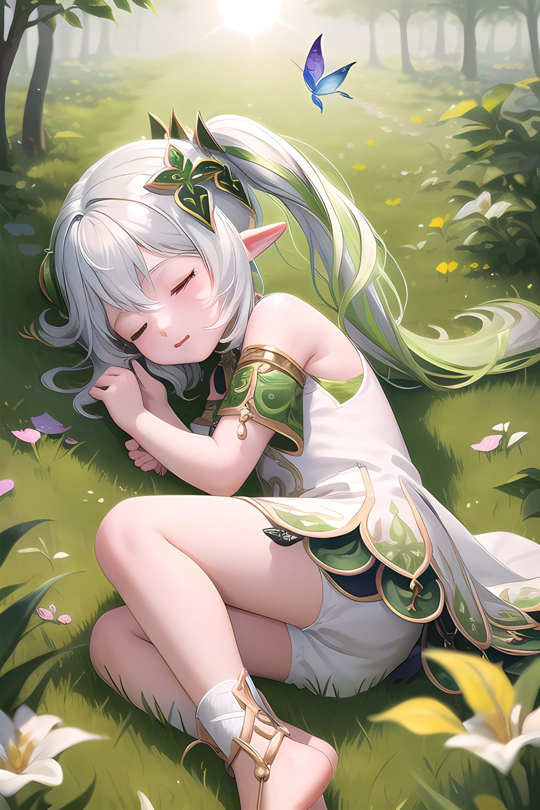  (masterpiece), (best_quality), (original),
nahidadef lies on the ground, curled up like a baby, closed eyes, 5 years old, gloom, forest, grass, flowers, cute animals, birds, butterfly, (sun), sunlight, (dazzle:1.2),watercolor