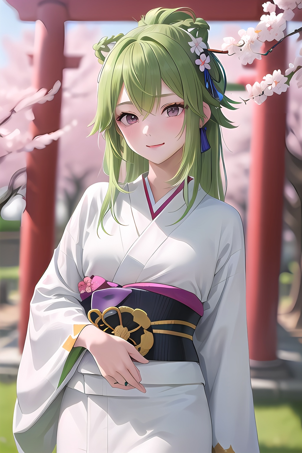  kukishinobudef, (long green hair and straight bangs is wearing a white kimono:1.6), happy, hands hanging in front of the body, falling cherry blossoms, shy, blush, no mask, standing, torii, bow, (small breast),masterpiece,best_quality