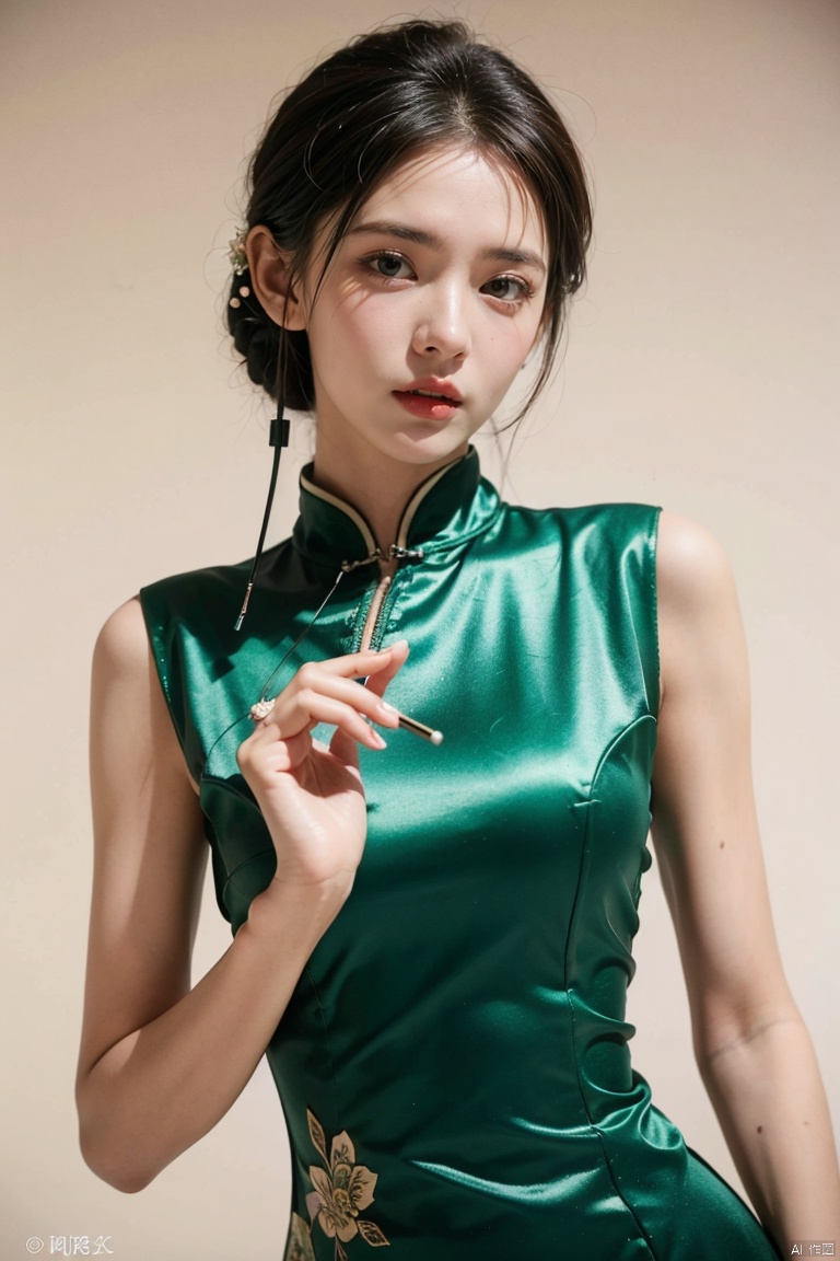  The image is a well-composed, vintage-inspired photograph featuring a model in a green floral cheongsam, holding a cigarette holder. The model's pose and expression exude confidence and allure. The image is well-lit and of high quality, with excellent color balance and contrast. The background is blurred, further emphasizing the model as the main subject. The vintage aesthetic is well-executed, showcasing the photographer's skill and talent., Detail, zhangyuxi