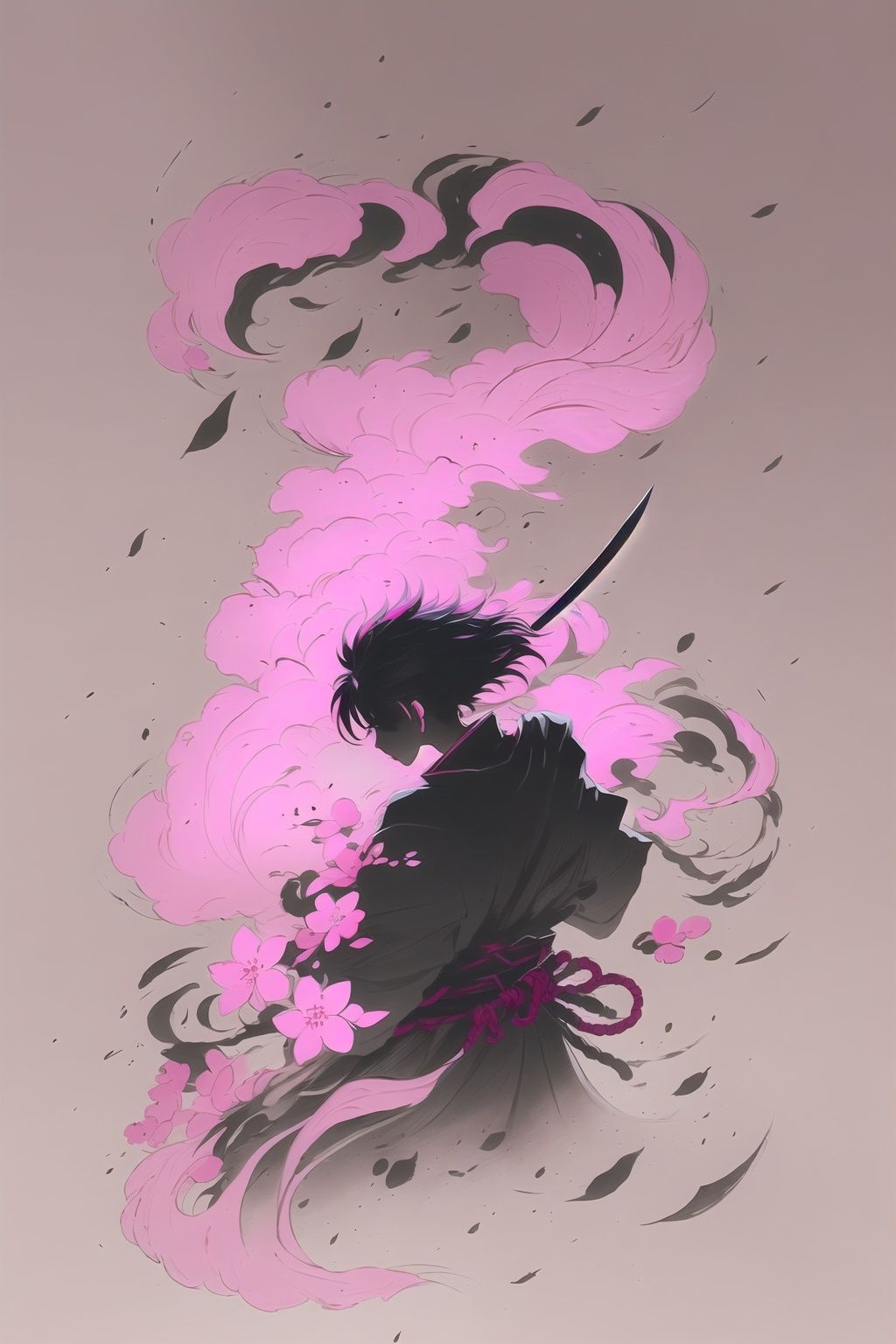 <lora:wushi2:1>,wushi,warrior,samurai,a silhouette of a person with a sword,shadow warrior,martial arts movement,martial arts film,the ronin kenshin,(director zhang yimou:1.1),grey theme,black white and grey,ink style,style of chinese painting,diamond cut,sharp texture,cold sword,the edge of the knife shimmering,loose hair blowing in the wind,strong visual impact,the rushing waves,fly with dust,monochrome,sketch,freehand painting,flat paint style,(pink cherry blossoms are falling in the sky:1.5),