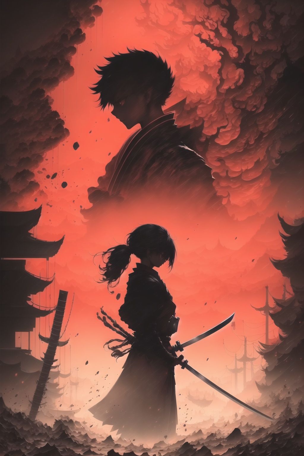 <lora:wushi2:1>,wushi,a silhouette of a person with a sword,swords and swords,