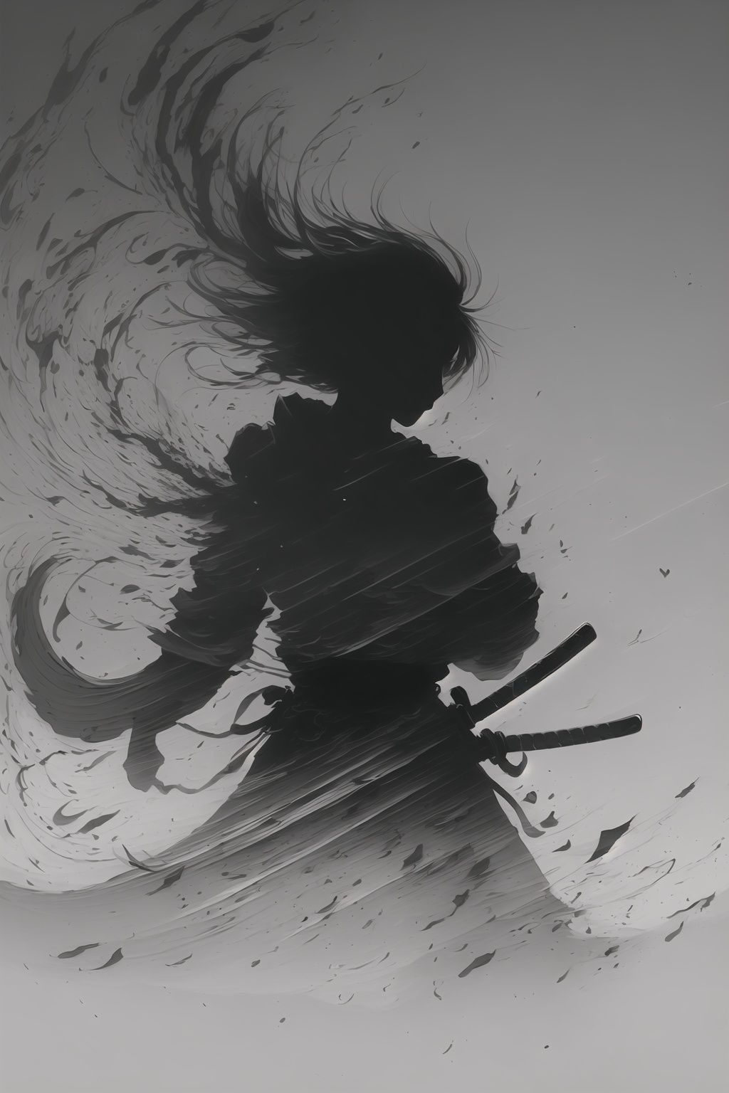 <lora:wushi2:1>,wushi,warrior,samurai,a silhouette of a person with a sword,shadow warrior,martial arts movement,martial arts film,the ronin kenshin,(director zhang yimou:1.1),grey theme,black white and grey,ink style,style of chinese painting,diamond cut,sharp texture,cold sword,the edge of the knife shimmering,loose hair blowing in the wind,strong visual impact,the rushing waves,fly with dust,monochrome,sketch,freehand painting,flat paint style,