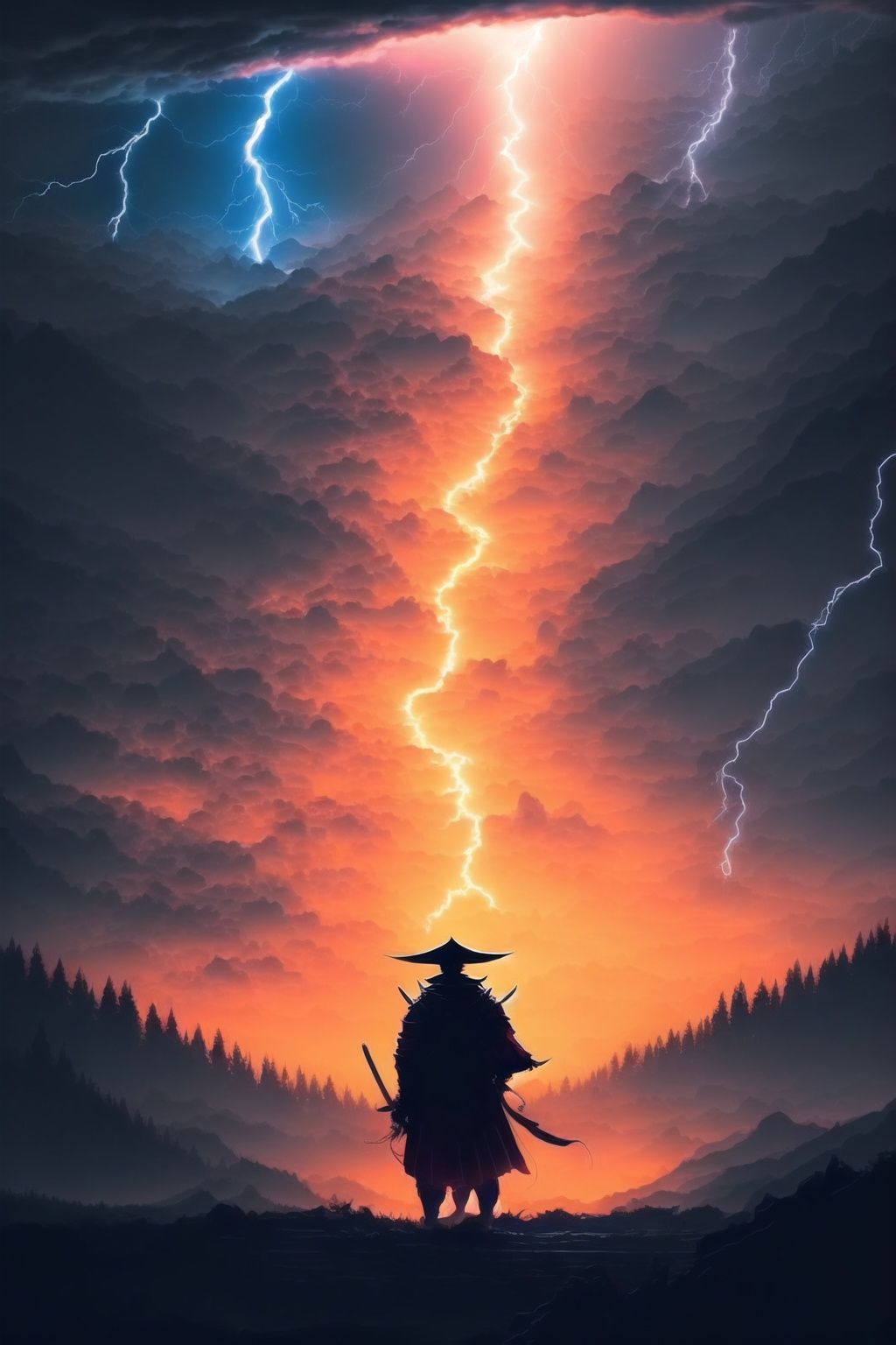 <lora:影武者:1>,a samurai standing in front of a red sun,fairy tale,(supreme heaven/(diablo/):1.2),golden temple,(surrounded by lightning:1.4),