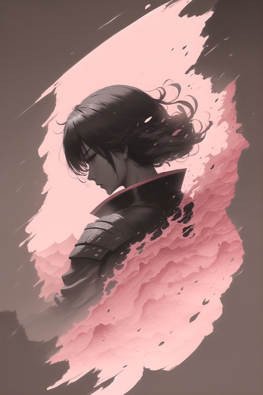 <lora:wushi2:1>,wushi,warrior,samurai,a silhouette of a person with a sword,shadow warrior,martial arts movement,martial arts film,the ronin kenshin,(director zhang yimou:1.1),grey theme,black white and grey,ink style,style of chinese painting,diamond cut,sharp texture,cold sword,the edge of the knife shimmering,loose hair blowing in the wind,strong visual impact,the rushing waves,fly with dust,monochrome,sketch,freehand painting,flat paint style,(pink cherry blossoms are falling in the sky:1.2),
