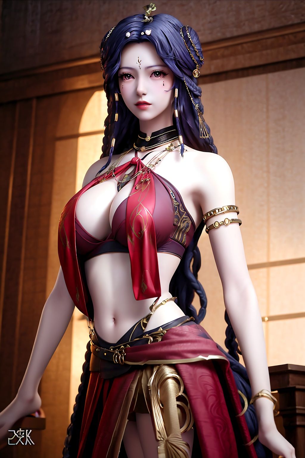 (8k, RAW photo, best quality, masterpiece:1.2),(realistic, photorealistic:1.3),ultra-detailed,extremely detailed cg 8k wallpaper,(crystalstexture skin:1.2),extremely delicate and beautiful,1girl,solo,long hair,jewelry,chinese text,necklace,armlet,bare shoulders,blue hair,photo_\(medium\),(breasts, medium_breasts, cleavage),looking at viewer,standing,