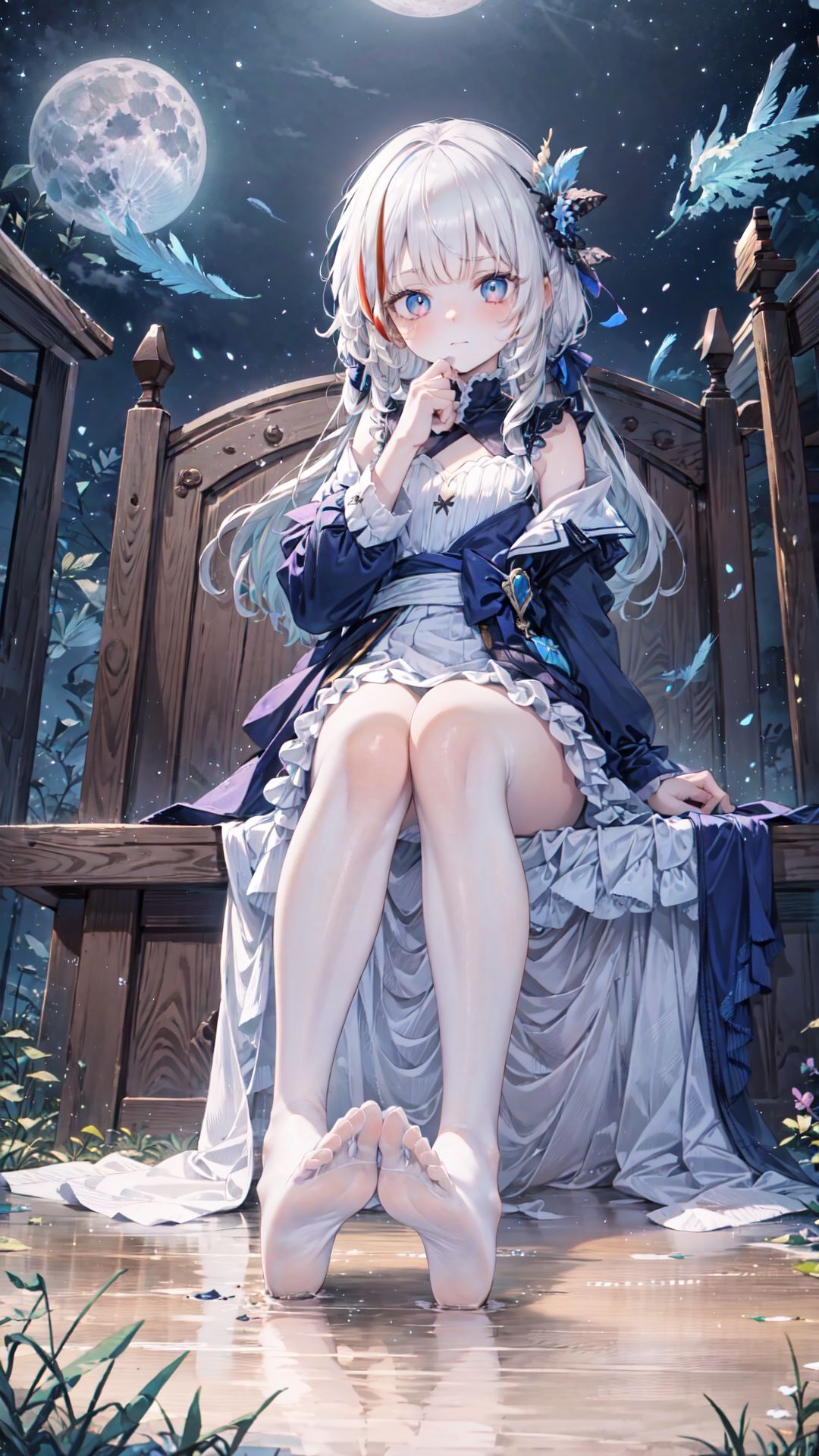 masterpiece, best quality, ((masterpiece)), flat chestbest quality, (highres), solo, flat chest, a girl inside the church with white hair and blue pupil surrounded by (many) glowing (feathers) in cold face, detailed face, night with bright colorful lights whith richly layered clouds and clouded moon in the detailed sky, (a lot of glowing particles),long hair,cool movement, (filigree), delicate and (intricate) hair, ((sliver)) and (broken) body, blue streaked hair, full body, depth of field, sitting on a (blue star), bishoujo,full body,no shoes,foot,