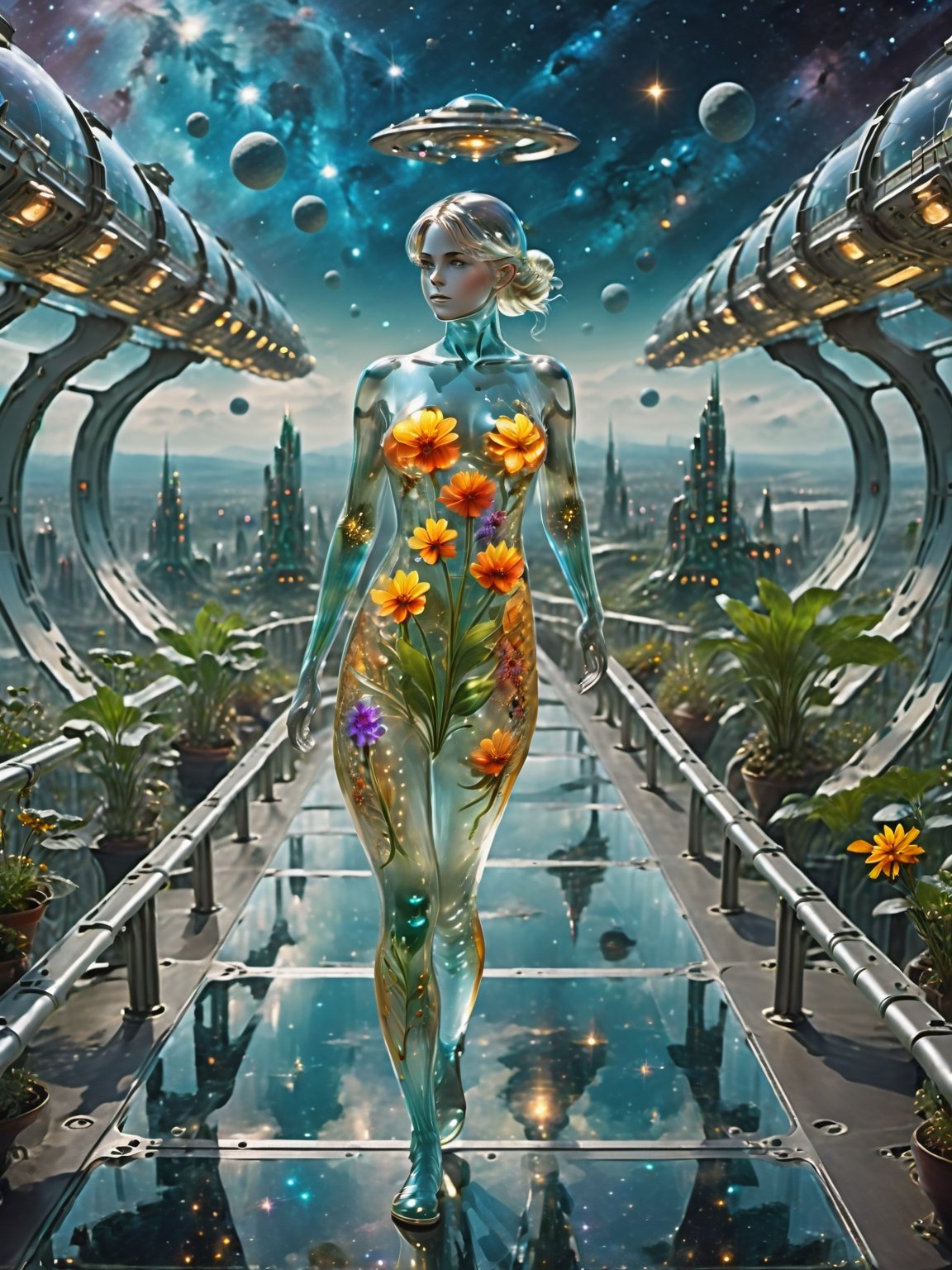 young glass girl walking on spaceship bridge,  future fantasy concept,  a city on Tensor.Art