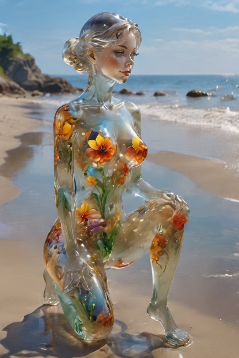 (clear glass skin girl sitting on the sand at the beach close up),  glass masterpiece,  best quality glass on Tensor.Art