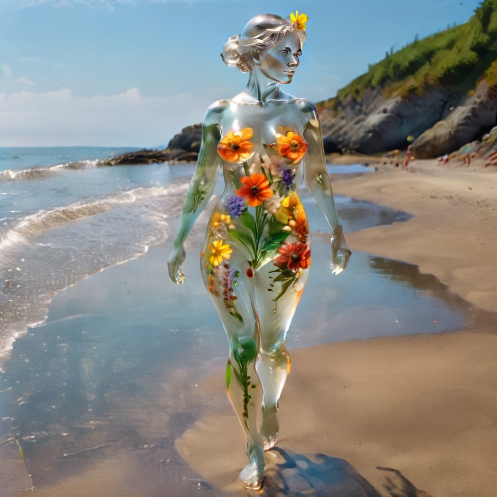 Beautiful clear glass skinned naturist woman walking down the beach,  clear glass with flowers inside on Tensor.Art