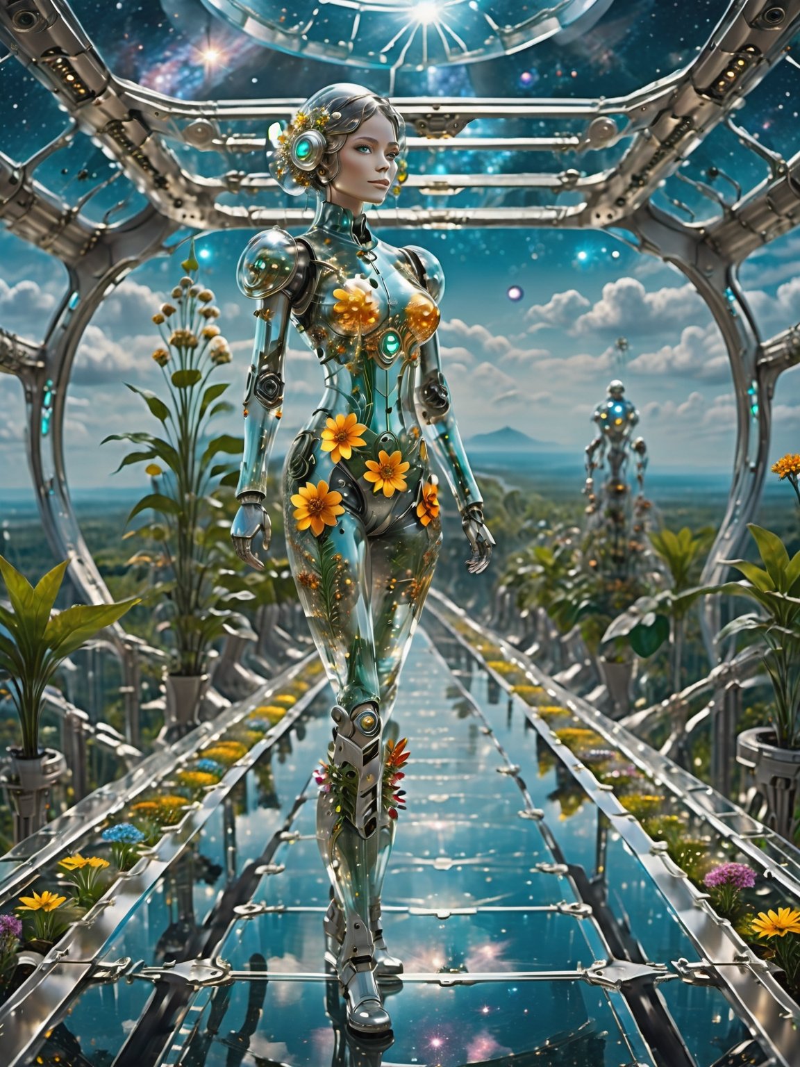 young glass robot girl walking on glass spaceship bridge,  clear glass future fantasy concept,  a glass city on Tensor.Art