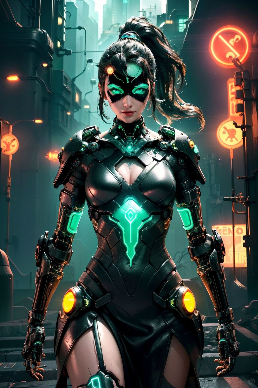  (Futuristic Sci-Fi Warrior:1.2), (Intergalactic Temptress:0.95), (Professional Cyberpunk Artistry:1.2),
(A futuristic warrior in black leather armor, her armored dress adorned with glowing patterns, high ponytail, and a seductive smile, with cyberpunk lighting and intricate facial tattoos, her purple skin and green eyes stand out in a futuristic cityscape with green abstract background and streaming sunlight, (Cybernetic Enchantment:1.15), Futuristic seduction, (Sci-Fi Neon Beauty:1.2), (Digital Elegance and Temptation:1.2)
(Close-up of cybernetic patterns:1.1), (Neon City Temptation:1.1), (Futuristic Utopia:1.1), Drawn into the cybernetic world, (Neon Glows and Futuristic Allure),
Futuristic seduction, (Sci-Fi Neon Beauty:1.2), (Cyberpunk Temptation, Digital Dreams:1.2)
Futuristic warrior, intergalactic temptress, neon city temptation, digital elegance, cyberpunk temptation, cybernetic patterns, futuristic utopia, futuristic allure, neon glows, cyberpunk lighting., Pumpkin mask
