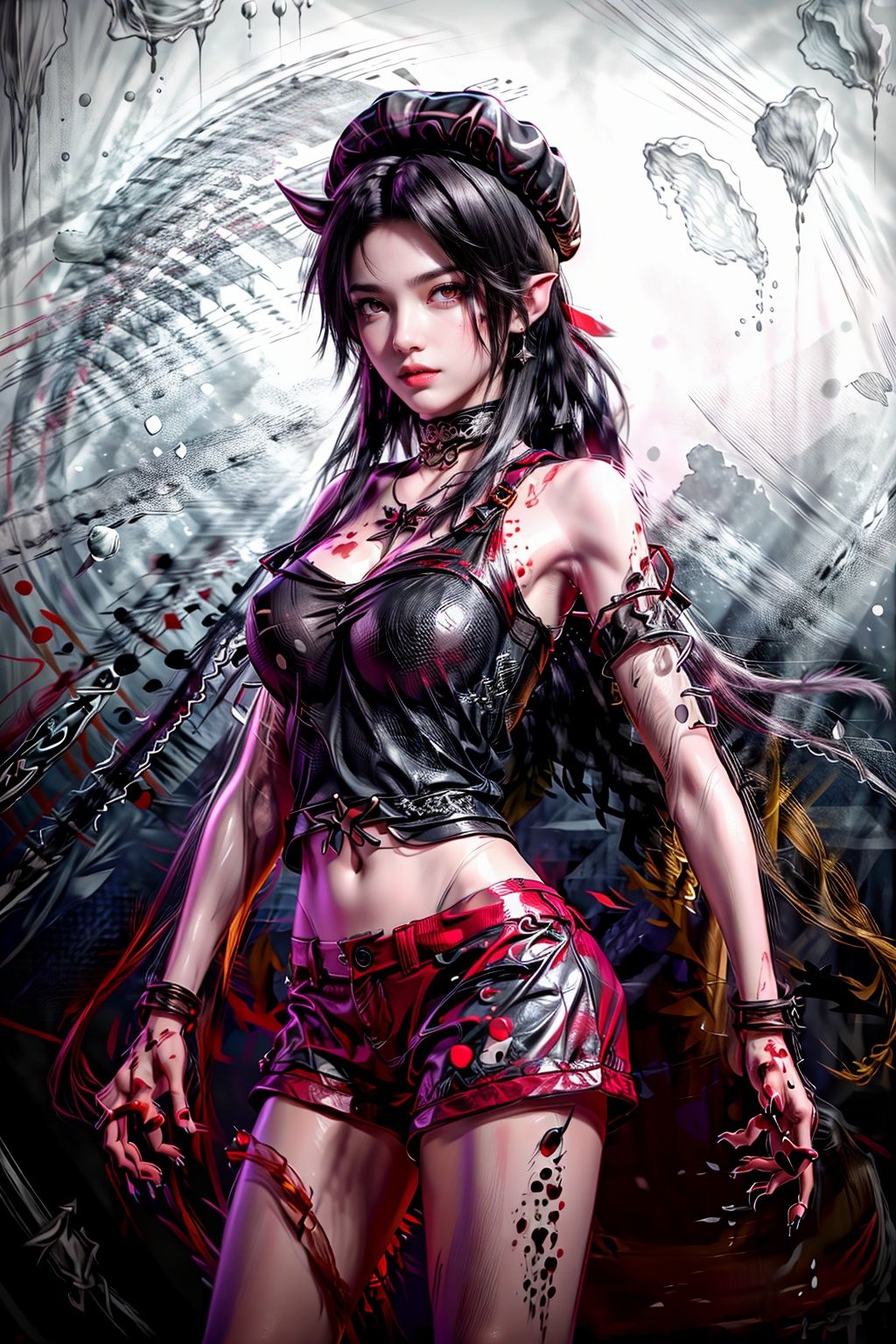 (((best))),8k,UHD,((masterpiece)),bright ,high quality,realistic,solo,Colored lead painting,1girl,beret,string,revolver,bare legs,greyscale,snow background,shorts,t-shirt,fang,aqua eyes,(glowing eyes),(splatter background),horns,Chest,leihua,jyy-hd,mds-hd