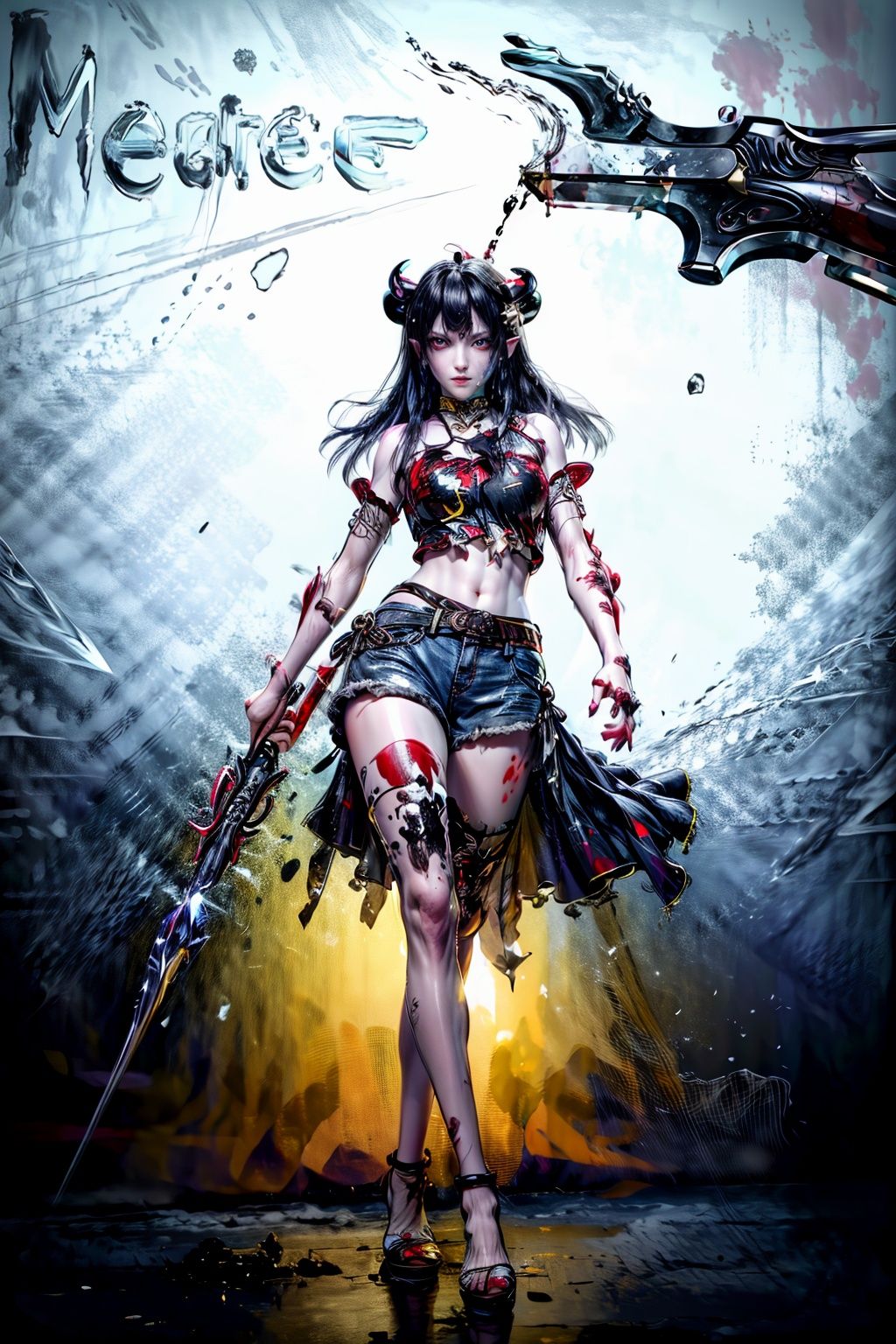 (((best))),8k,UHD,((masterpiece)),bright ,high quality,realistic,solo,Colored lead painting,1girl,beret,string,revolver,bare legs,greyscale,snow background,shorts,t-shirt,fang,aqua eyes,(glowing eyes),(splatter background),horns,Chest,leihua,jyy-hd,mds-hd,greendesign