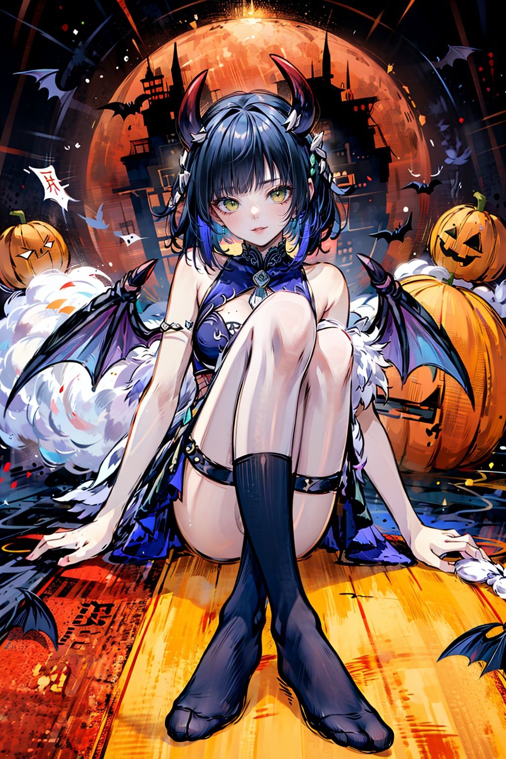 1 mature woman,athlete,deep blue hair,short hair, green eyes,ear piercing,devil,((bat wing,devil_horns,snikering,eyeshadow and lipstick,
Mesh socks,rivet, from top)),halloween, bare shoulders, dress,mole on breast,(Natural skin texture,the soft light, sharp),masterpiece, best quality, best shadow,official art, unity 8k wallpaper, ultra detailed,
,yuyao,hanfu,qiuyinong