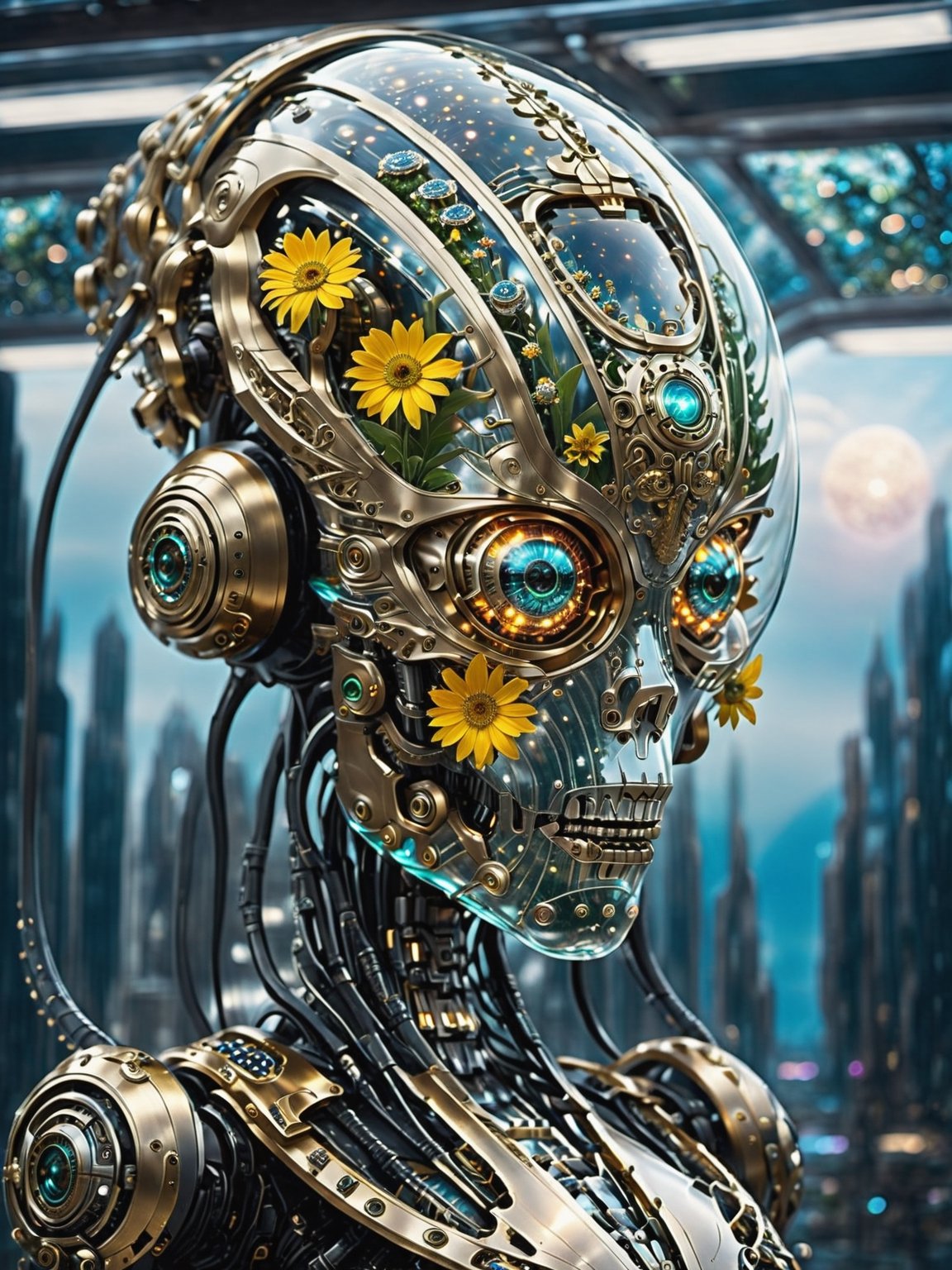 (young glass sentient organic alien robot octopus) walking on glass spaceship bridge, clear glass future fantasy concept, a glass city, epic scale, future, detailed sentient organic linked together inside glass to form body, year 3000, sci fi, glass space ships floating by, amazing fine close overwhelmingly detailed, galaxy over plants atmosphere, (detailed flower robot face), clear depth of field, vignette, highly detailed, high budget, bokeh, cinemascope, epic, gorgeous, film grain, grainy . magnificent, celestial, ethereal, painterly, epic, majestic, magical, fantasy art, cover art, crouds of people walking, (((distant view from low orbit))), pictograph, dust_particles,DonMCyb3rN3cr0XL ,Clear Glass Skin with metal flowers inside