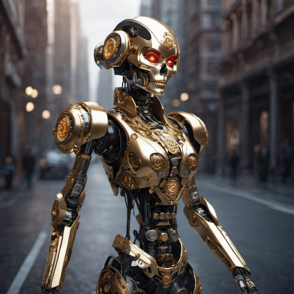  (a beautiful Robot woman walking down the street in a fantasy world,Female Skull Head)