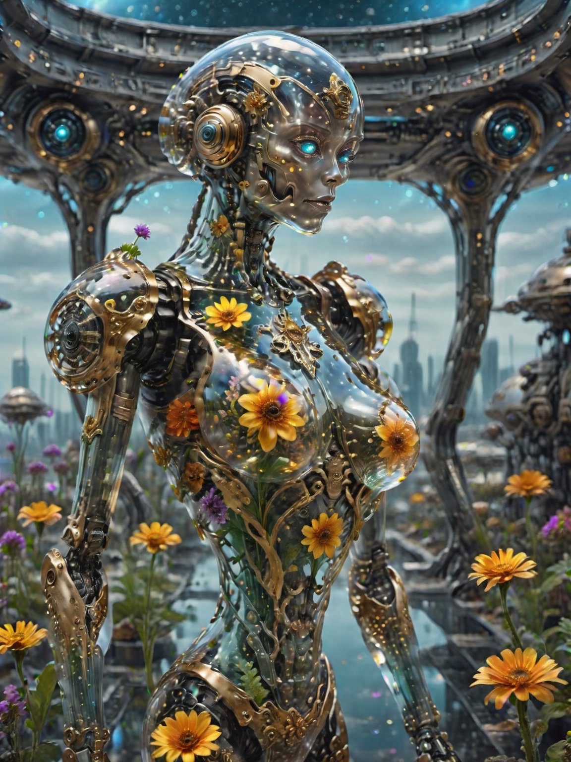 young glass sentient organic alien robot octopus walking on glass spaceship bridge, clear glass future fantasy concept, a glass city, epic scale, future, detailed sentient organic flowers linked together inside glass to form body, year 3000, sci fi, glass space ships floating by, amazing fine close overwhelmingly detailed, galaxy over plants atmosphere, (detailed flower robot face), clear depth of field, vignette, highly detailed, high budget, bokeh, cinemascope, epic, gorgeous, film grain, grainy . magnificent, celestial, ethereal, painterly, epic, majestic, magical, fantasy art, cover art, crouds of people walking, (((distant view from low orbit))), pictograph, dust_particles,DonMCyb3rN3cr0XL ,Clear Glass Skin with metal flowers inside