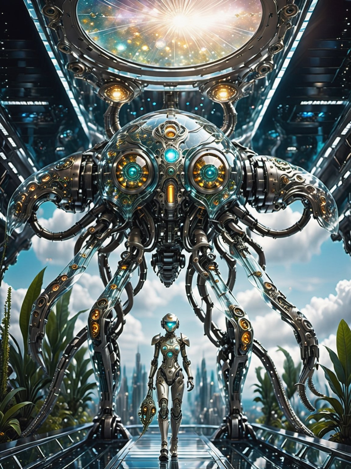 (young glass sentient organic alien robot octopus) walking on glass spaceship bridge, clear glass future fantasy concept, a glass city, epic scale, future, detailed sentient organic linked together inside glass to form body, year 3000, sci fi, glass space ships floating by, amazing fine close overwhelmingly detailed, galaxy over plants atmosphere, detailed robot face, clear depth of field, vignette, highly detailed, high budget, bokeh, cinemascope, epic, gorgeous, film grain, grainy . magnificent, celestial, ethereal, painterly, epic, majestic, magical, fantasy art, cover art, crouds of people walking, (((distant view from low orbit))), pictograph, dust_particles,DonMCyb3rN3cr0XL ,Clear Glass Skin with metal flowers inside