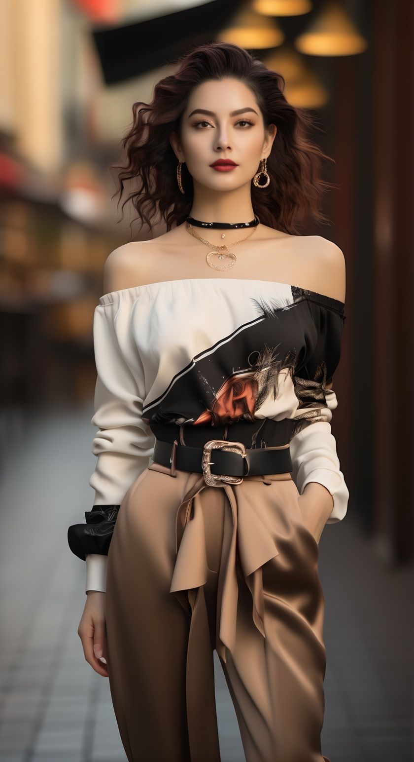 1girl,jewelry,solo,necklace,long hair,belt,pants,blurry background,high-waist pants,black pants,brown eyes,earrings,looking at viewer,blurry,black hair,lips,cowboy shot,standing,brown hair,long sleeves,realistic,closed mouth,collarbone ,<lora:smcy:0.7>,