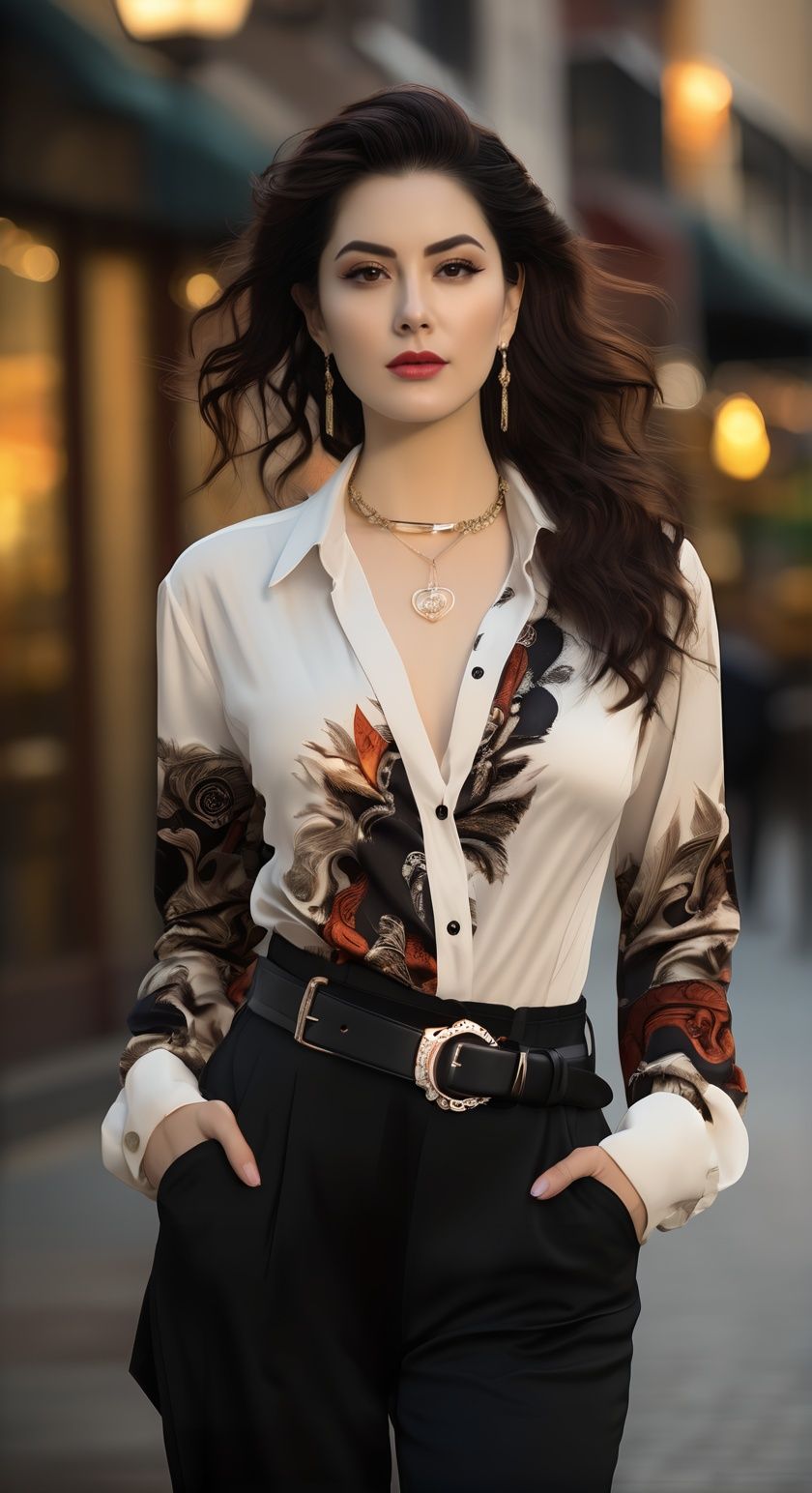 1girl, jewelry, solo, necklace, long hair, belt, pants, shirt, blurry background, high-waist pants, black pants, brown eyes, earrings, looking at viewer, breasts, blurry, black hair, hand in pocket, lips, white shirt, cowboy shot, standing, outdoors, brown hair, long sleeves, open shirt, watch, realistic, shirt tucked in, closed mouth, collarbone <lora:smcy:0.7>