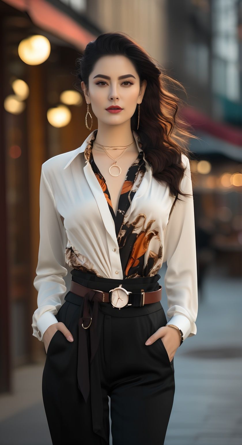 1girl, jewelry, solo, necklace, long hair, belt, pants, shirt, blurry background, high-waist pants, black pants, brown eyes, earrings, looking at viewer, breasts, blurry, black hair, hand in pocket, lips, white shirt, cowboy shot, standing, outdoors, brown hair, long sleeves, open shirt, watch, realistic, shirt tucked in, closed mouth, collarbone <lora:smcy:0.7>