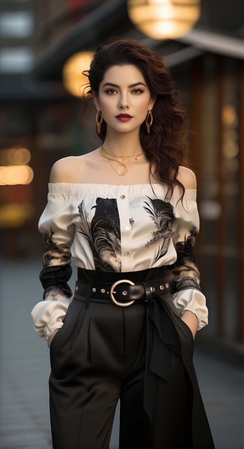 1girl,jewelry,solo,necklace,long hair,belt,pants,blurry background,high-waist pants,black pants,brown eyes,earrings,looking at viewer,blurry,black hair,lips,cowboy shot,standing,brown hair,long sleeves,realistic,closed mouth,collarbone ,<lora:smcy:0.7>,