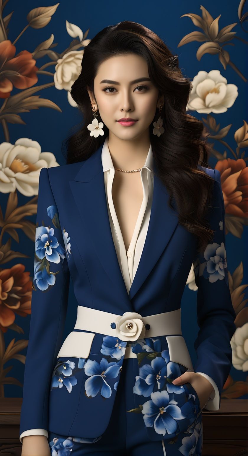 1girl,jewelry,solo,earrings,long hair,black hair,flower,looking at viewer,blue suit,cowboy shot,realistic,standing,wavy hair,<lora:qhcxl:0.7>,