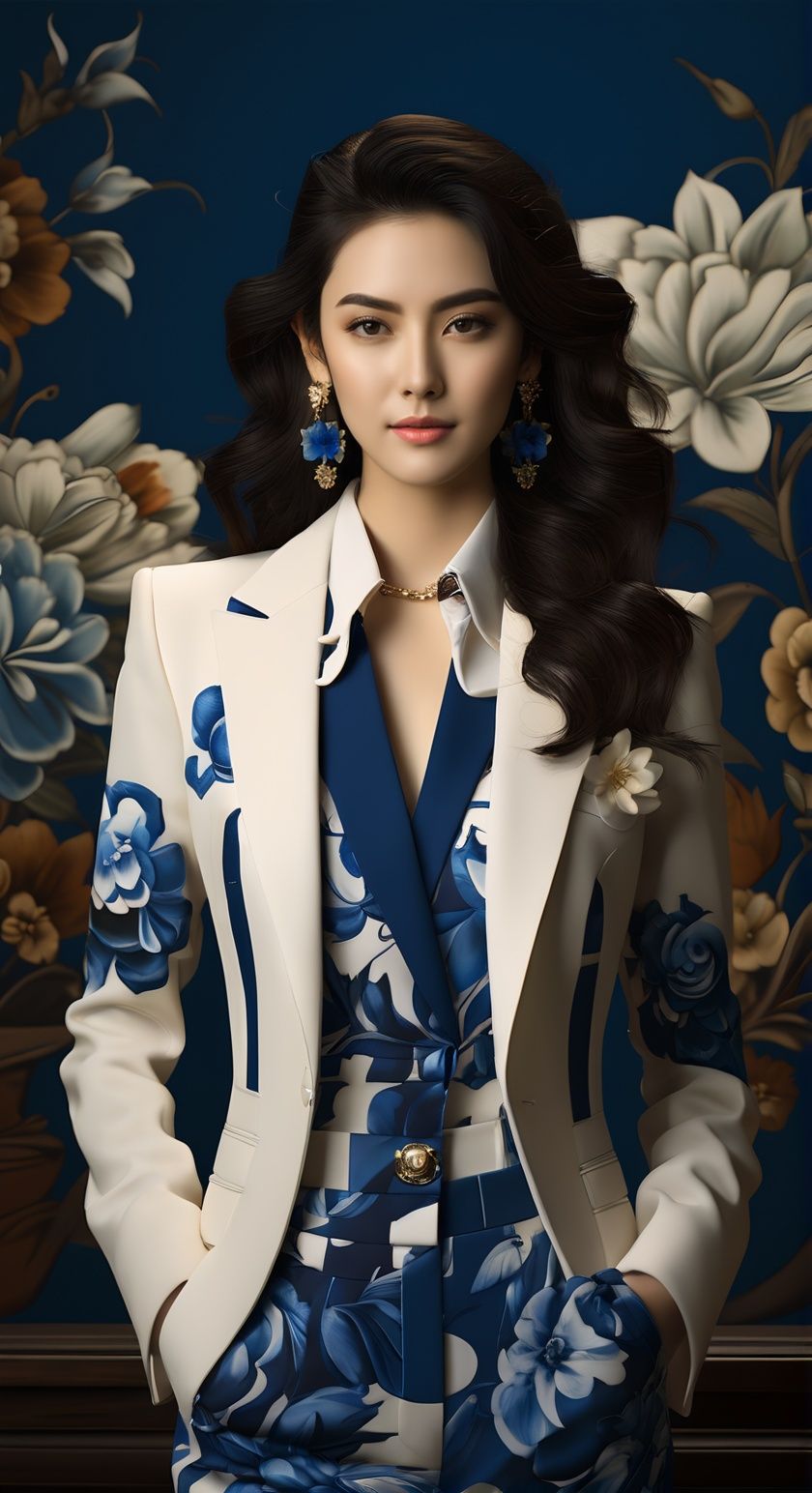 1girl,jewelry,solo,earrings,long hair,black hair,flower,looking at viewer,blue suit,cowboy shot,realistic,standing,wavy hair,<lora:qhcxl:0.7>,