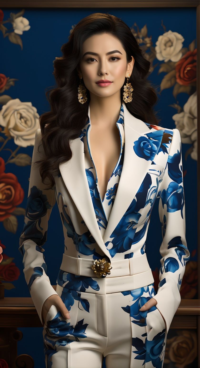 1girl,jewelry,solo,earrings,long hair,black hair,flower,looking at viewer,blue suit,lips,pants,brown eyes,cleavage,rose,cowboy shot,realistic,standing,wavy hair,floral print,<lora:qhcxl:0.7>,