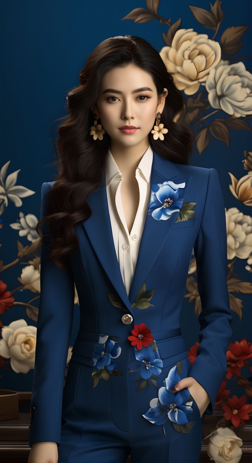 1girl,jewelry,solo,earrings,long hair,black hair,flower,looking at viewer,blue suit,cowboy shot,realistic,standing,wavy hair,<lora:qhcxl:0.7>,