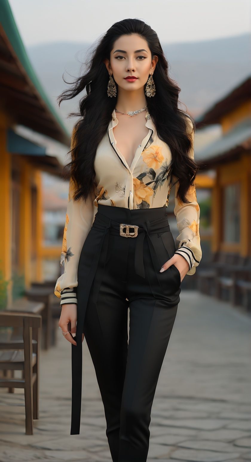 1girl,solo,long hair,black hair,jewelry,earrings,outdoors,looking at viewer,realistic,standing,lips,<lora:hscy:0.7>,