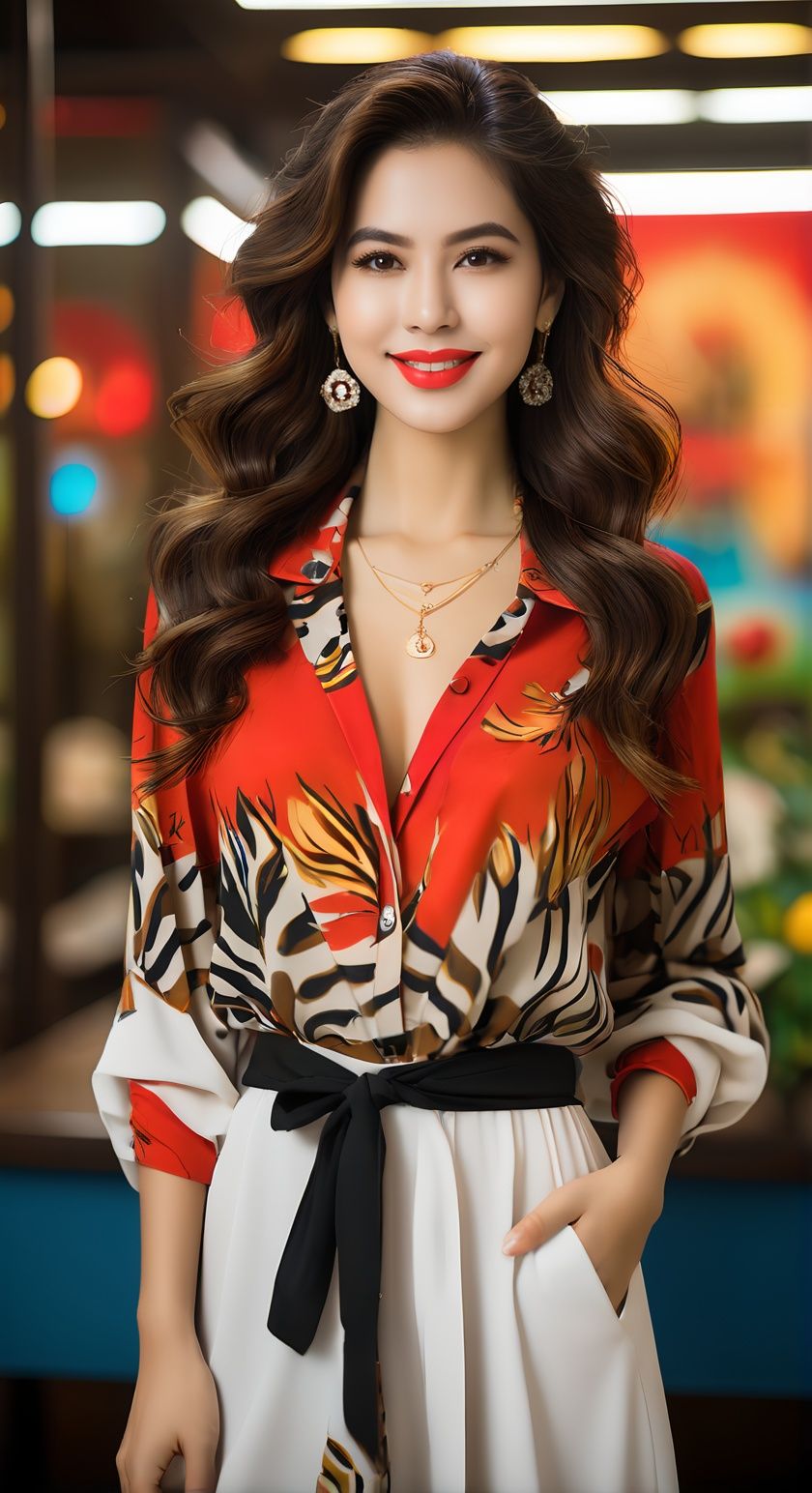 1girl,solo,jewelry,long hair,earrings,necklace,brown hair,looking at viewer,lips,brown eyes,smile,standing,wavy hair,cowboy shot,animal print,red lips,<lora:cslyq ocean sdxl:0.7>,