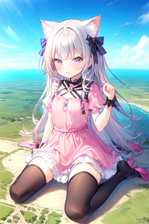 gigagts, wariza,1girl, cat ears,pink dress, giantess,gigagts,black_thighhighs,
proving earth is flat,horizon,day,wariza,loli,kawaii,
