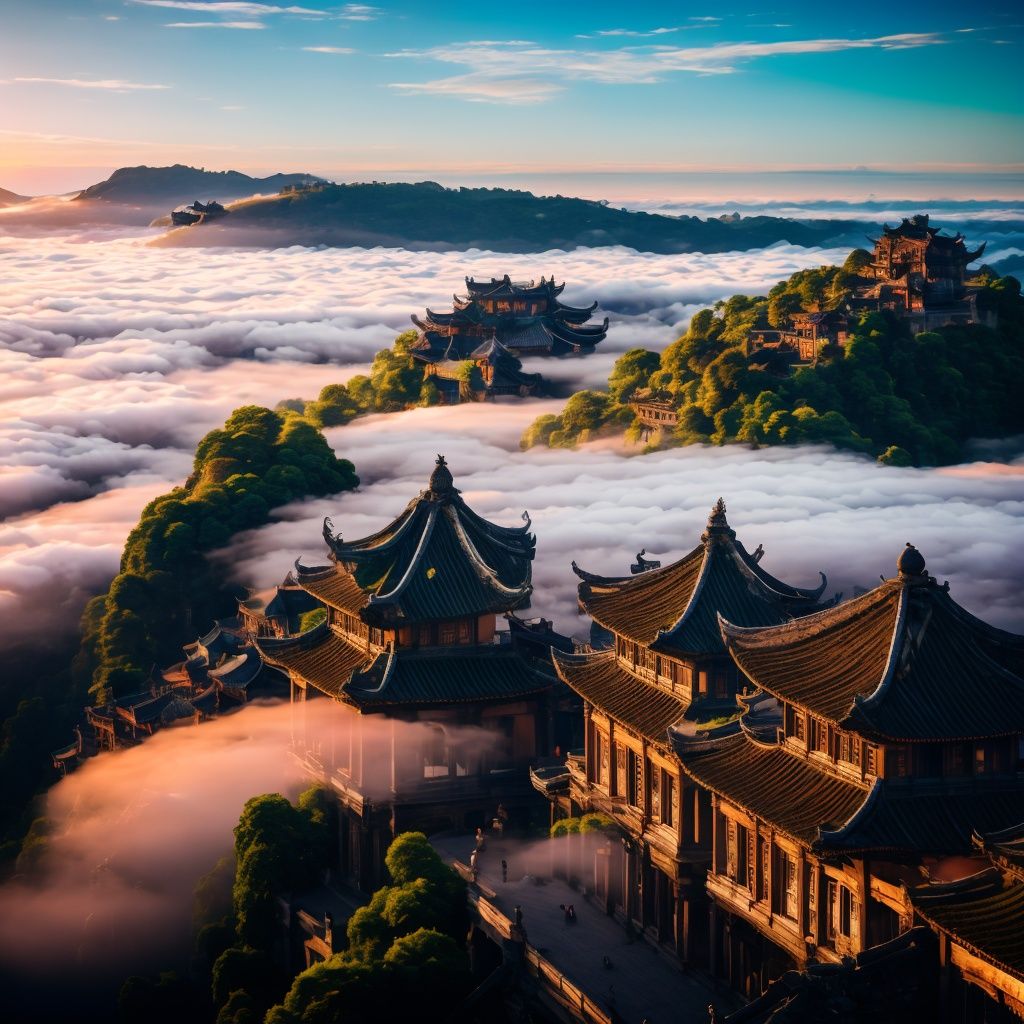 (masterpiece), (best quality: 1.2), (ultra-high resolution: 1.2), (realistic: 1.2), (8k: 1.2),nsanely detailed,  hyper quality, ultra detailed,fog,Ancient constructionm,Bird's eye view, distant mountains, sea of clouds