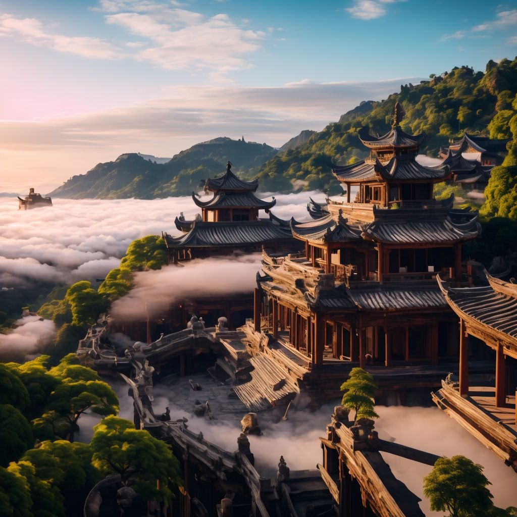 (masterpiece), (best quality: 1.2), (ultra-high resolution: 1.2), (realistic: 1.2), (8k: 1.2),nsanely detailed,  hyper quality, ultra detailed,fog,Ancient constructionm,Bird's eye view, distant mountains, sea of clouds